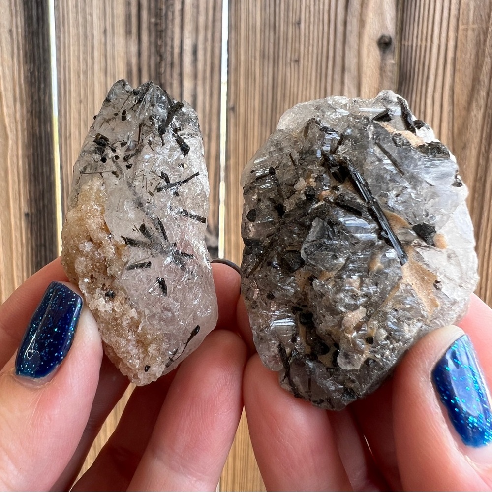 2 Piece Raw Clear Quartz with Black Tourmaline Crystals.